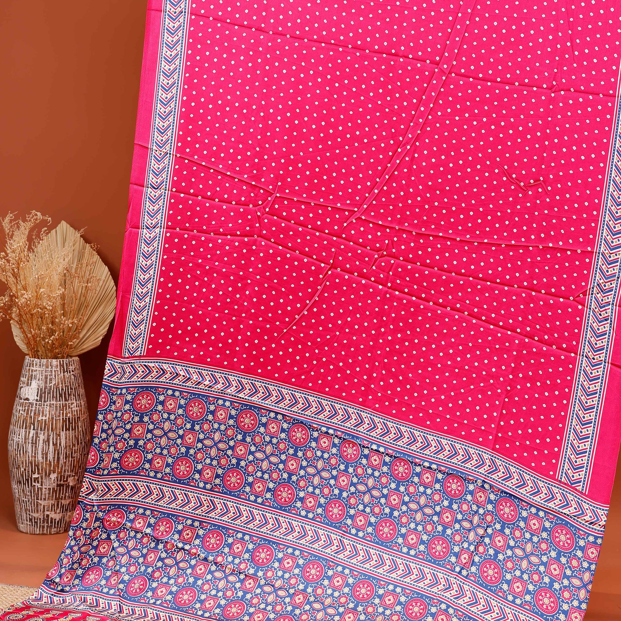 Elegant Modal Satin Saree with Intricate Polka Dot Body and Elaborate Floral & Geometric Border - Pink