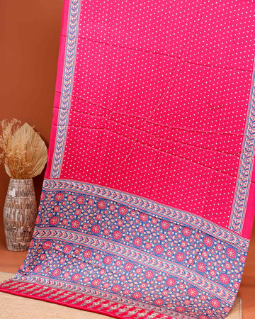 Elegant Modal Satin Saree with Intricate Polka Dot Body and Elaborate Floral & Geometric Border - Pink