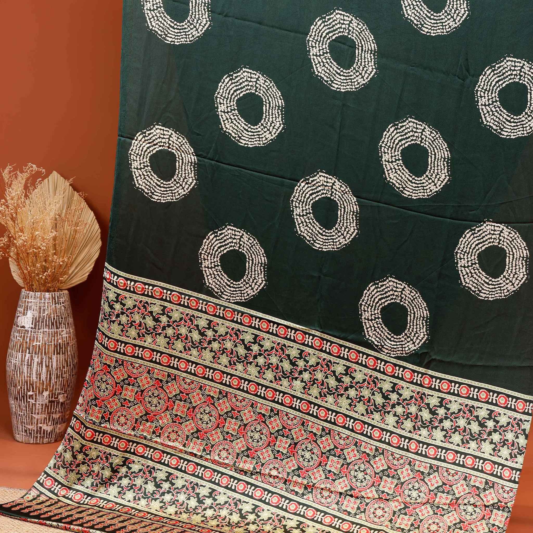Elegant Modal Satin Saree with Intricate Circular Batik Print and Ornate Border Design - Green