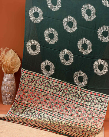 Elegant Modal Satin Saree with Intricate Circular Batik Print and Ornate Border Design - Green