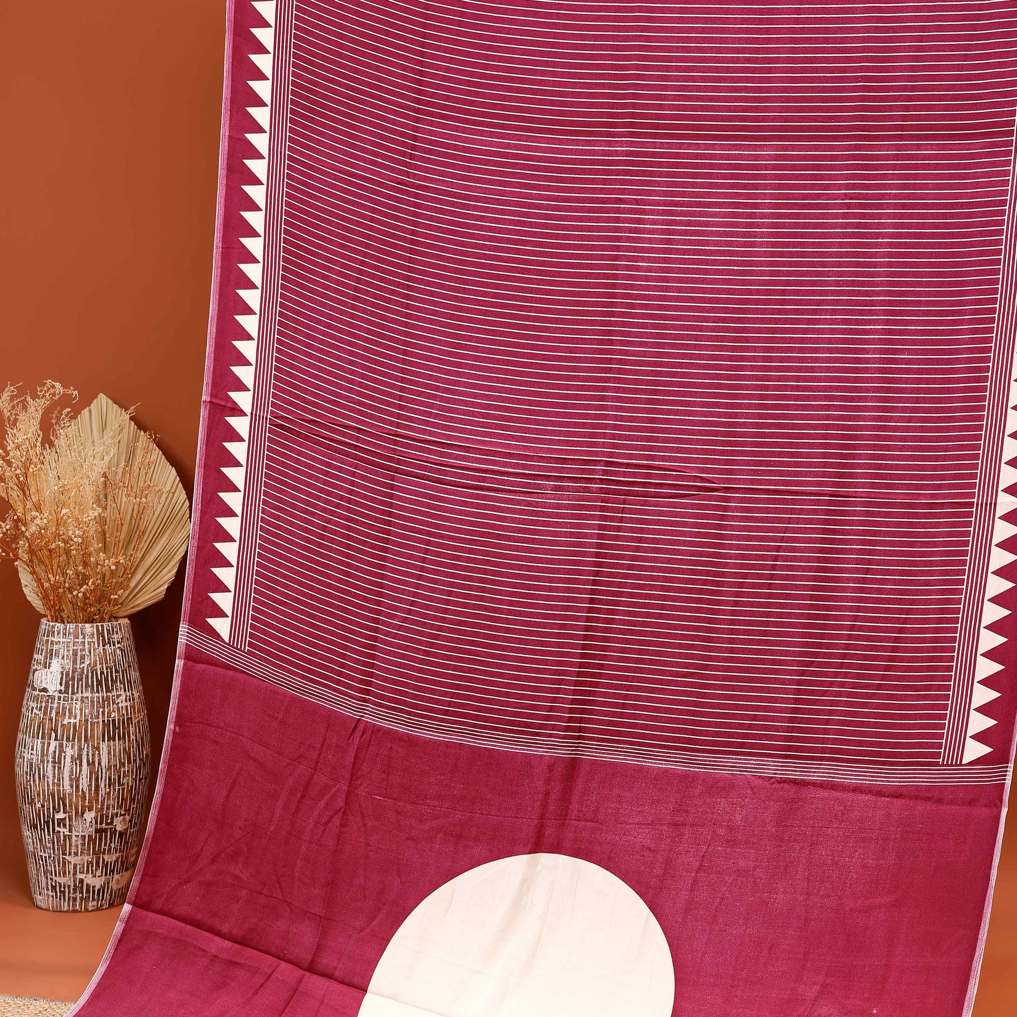 Elegant Modal Satin Saree with Vertical Stripe Weave and Distinctive Circular Pallu Design - Maroon