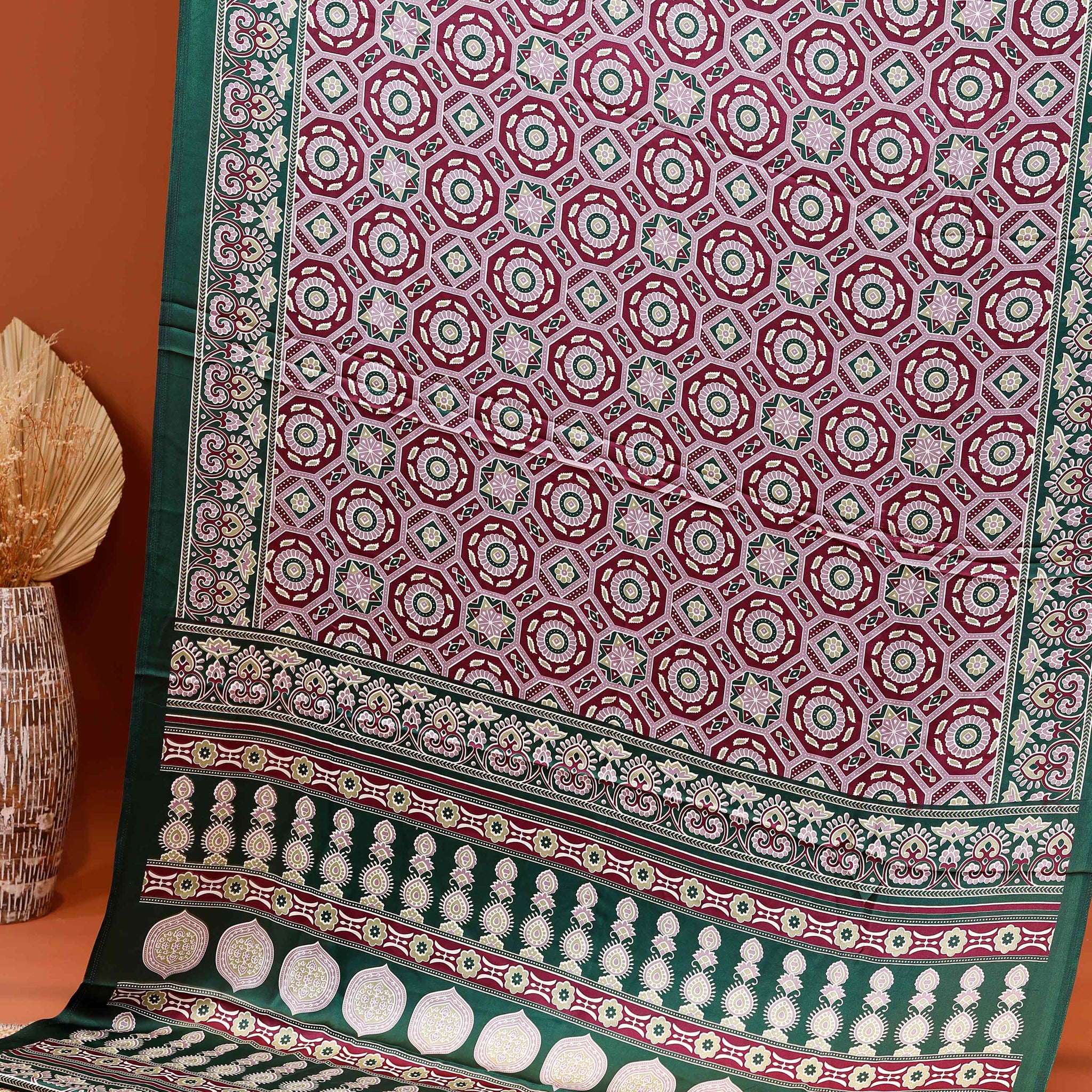 Exquisite Modal Satin Saree with Intricate Geometric and Floral Motifs - Maroon