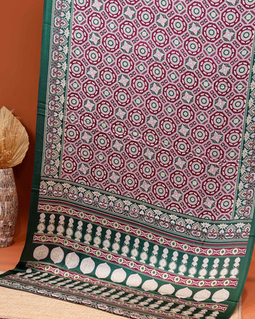 Exquisite Modal Satin Saree with Intricate Geometric and Floral Motifs - Maroon