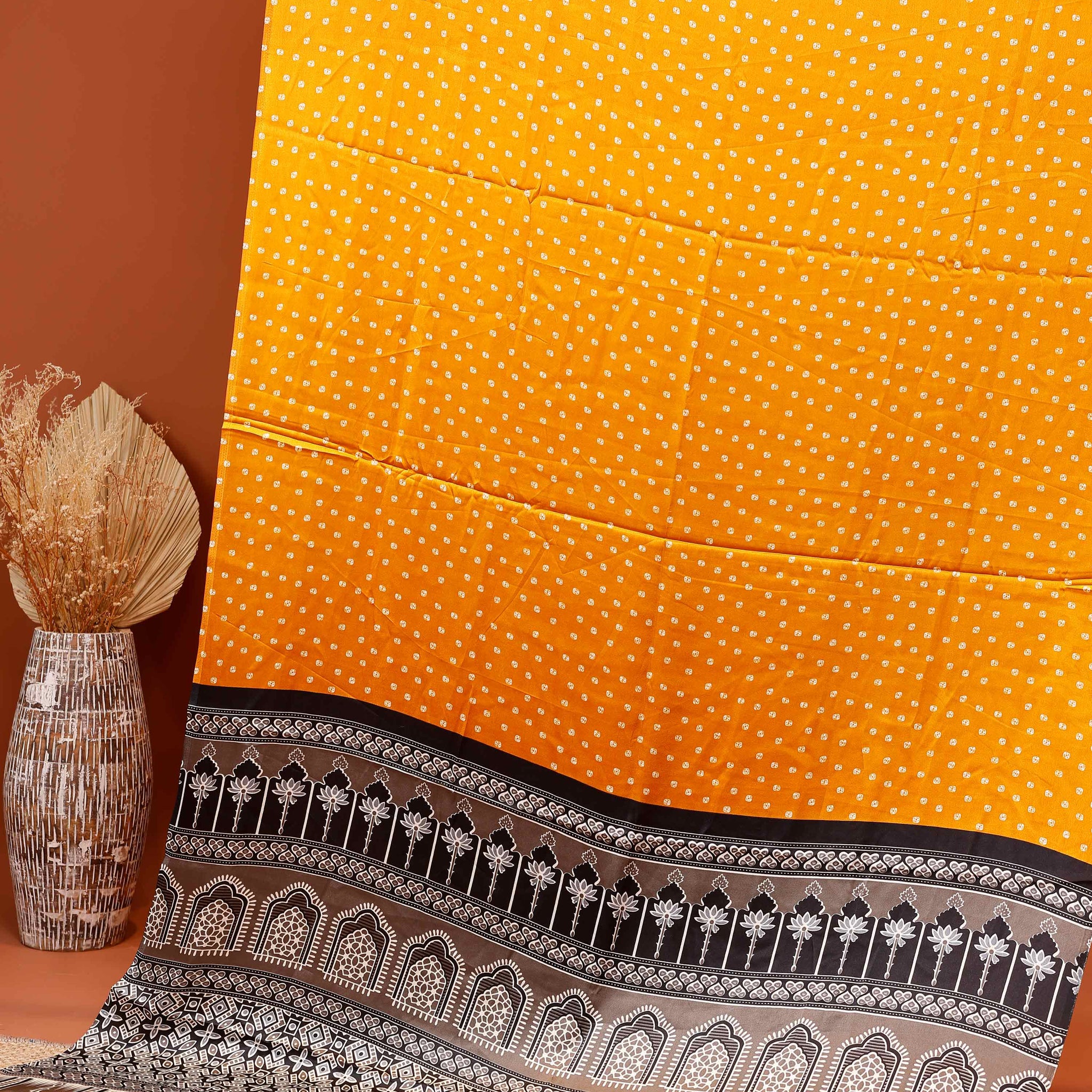 Elegant Bandhani Printed Modal Satin Saree with Intricate Border Design - Yellow