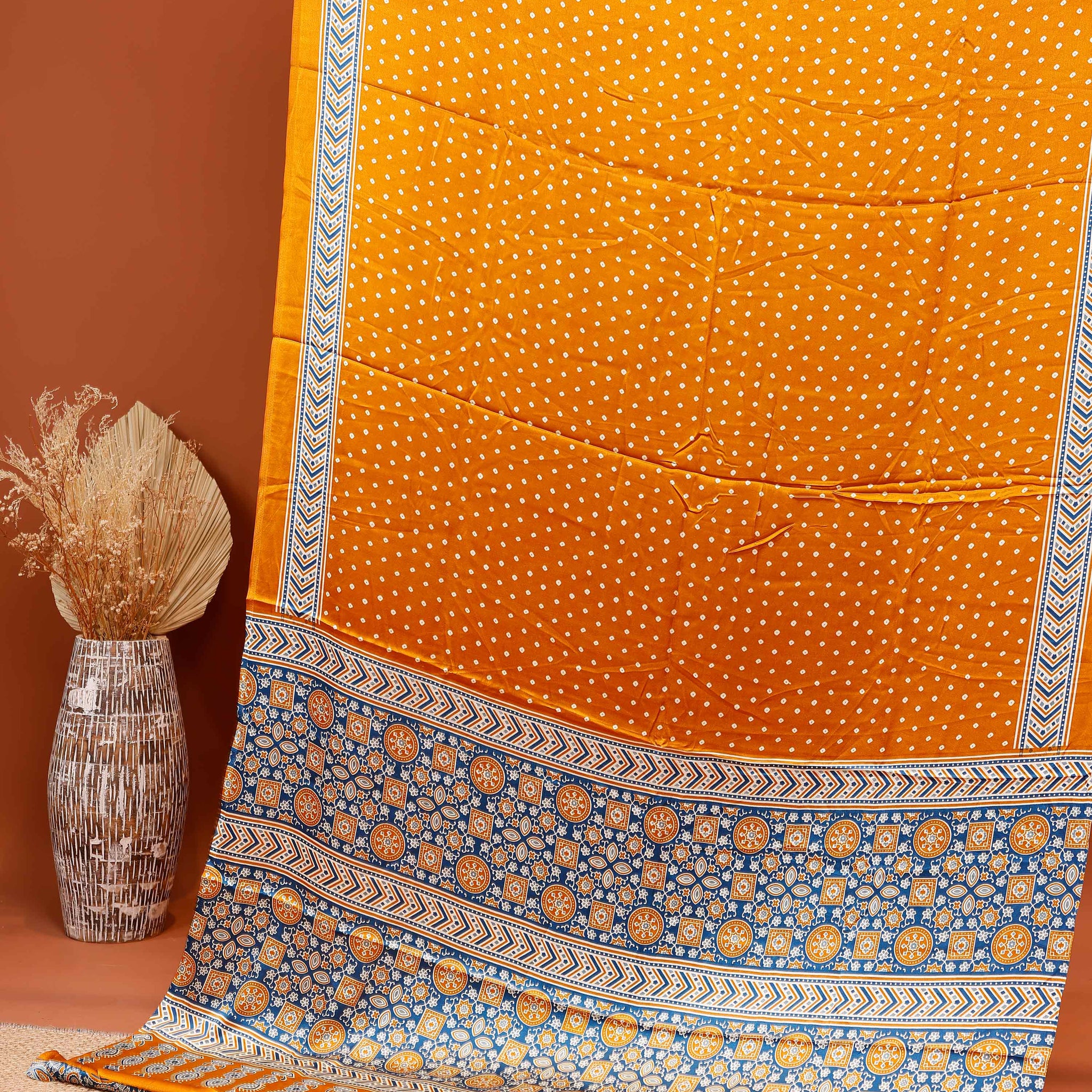 Hand Block Printed Modal Satin Saree with Bandhani and Traditional Border Design - Yellow