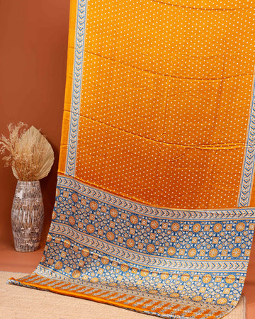 Hand Block Printed Modal Satin Saree with Bandhani and Traditional Border Design - Yellow