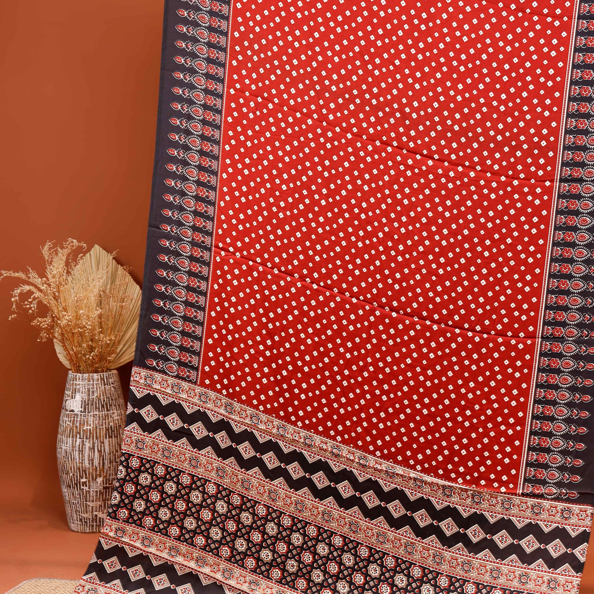 Elegant Modal Satin Saree with Traditional Bandhani-Inspired Body Print and Intricate Border Design - Red