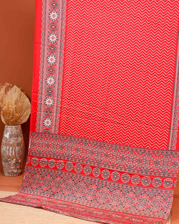 Stylish Modal Satin Saree with Zigzag Pattern and a Richly Detailed Traditional Border - Red
