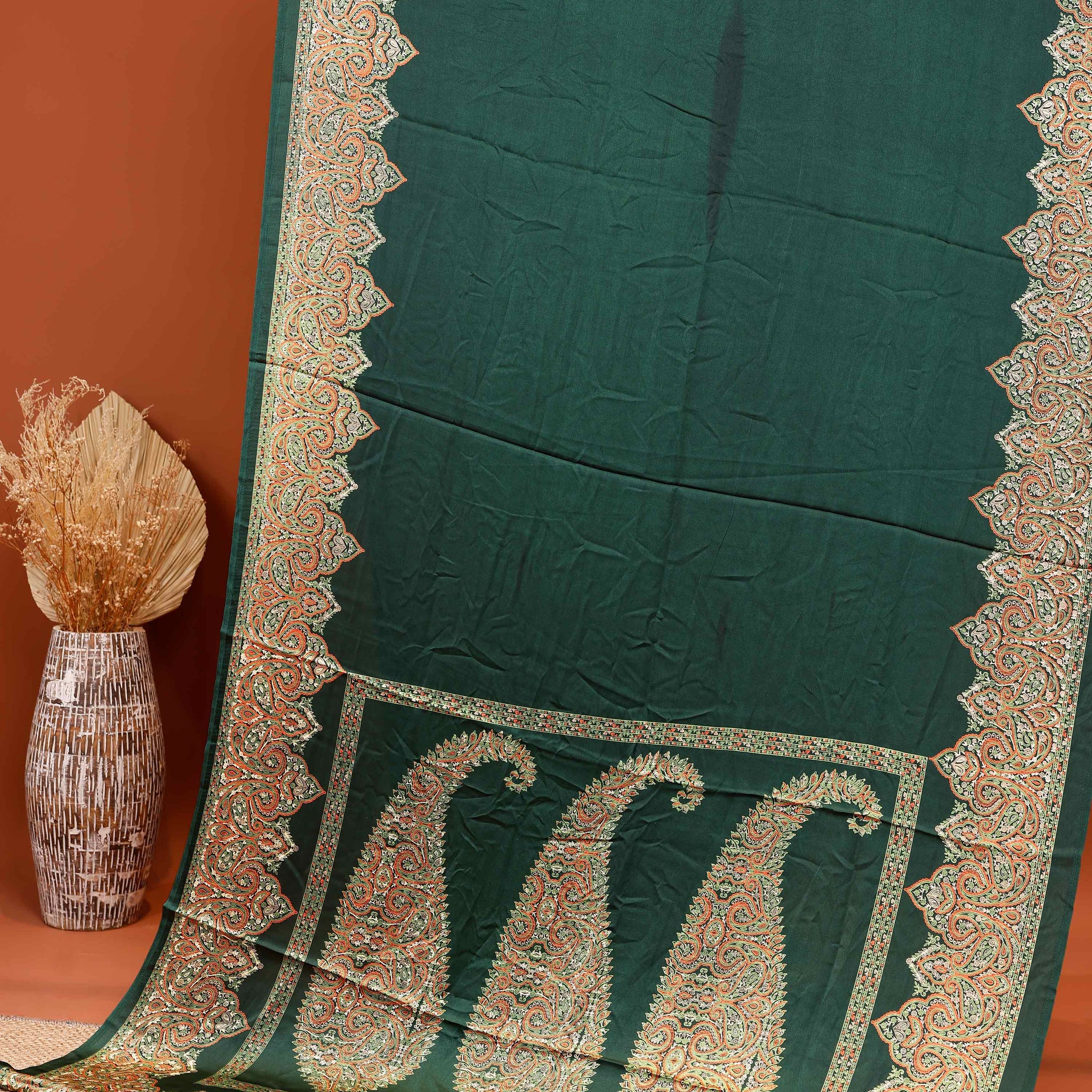 Exquisite Modal Satin Saree with Intricate Paisley Embroidery Border and Pallu - Green