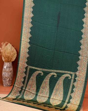 Exquisite Modal Satin Saree with Intricate Paisley Embroidery Border and Pallu - Green
