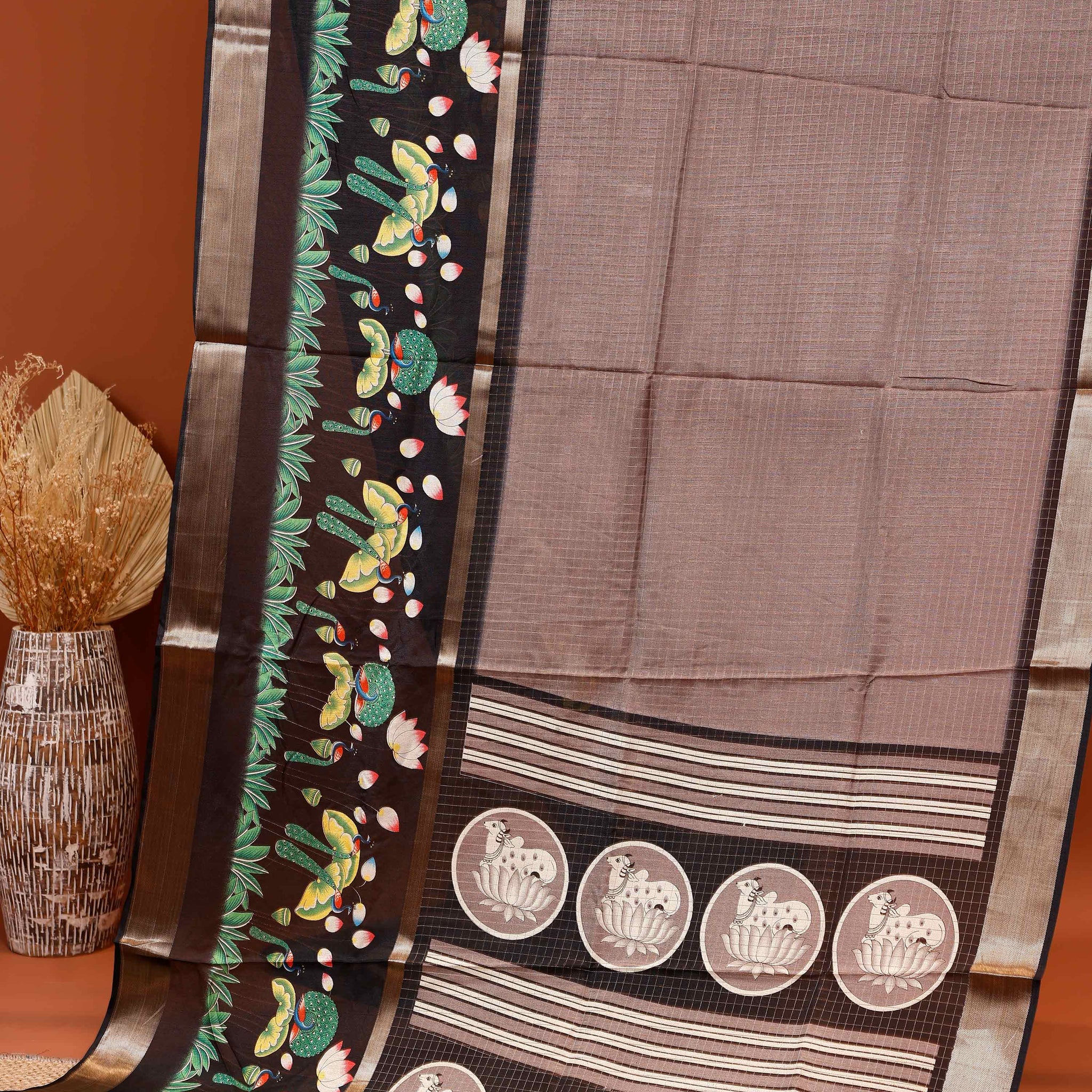 Handloom Kota Saree with Contrast Border and Traditional Motifs - Brown