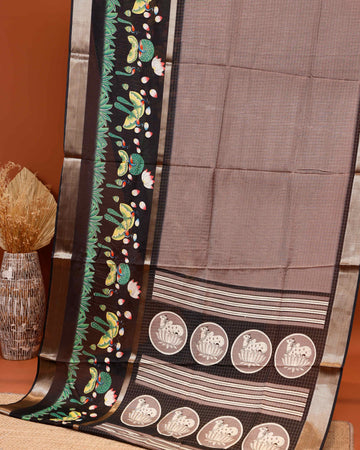 Handloom Kota Saree with Contrast Border and Traditional Motifs - Brown