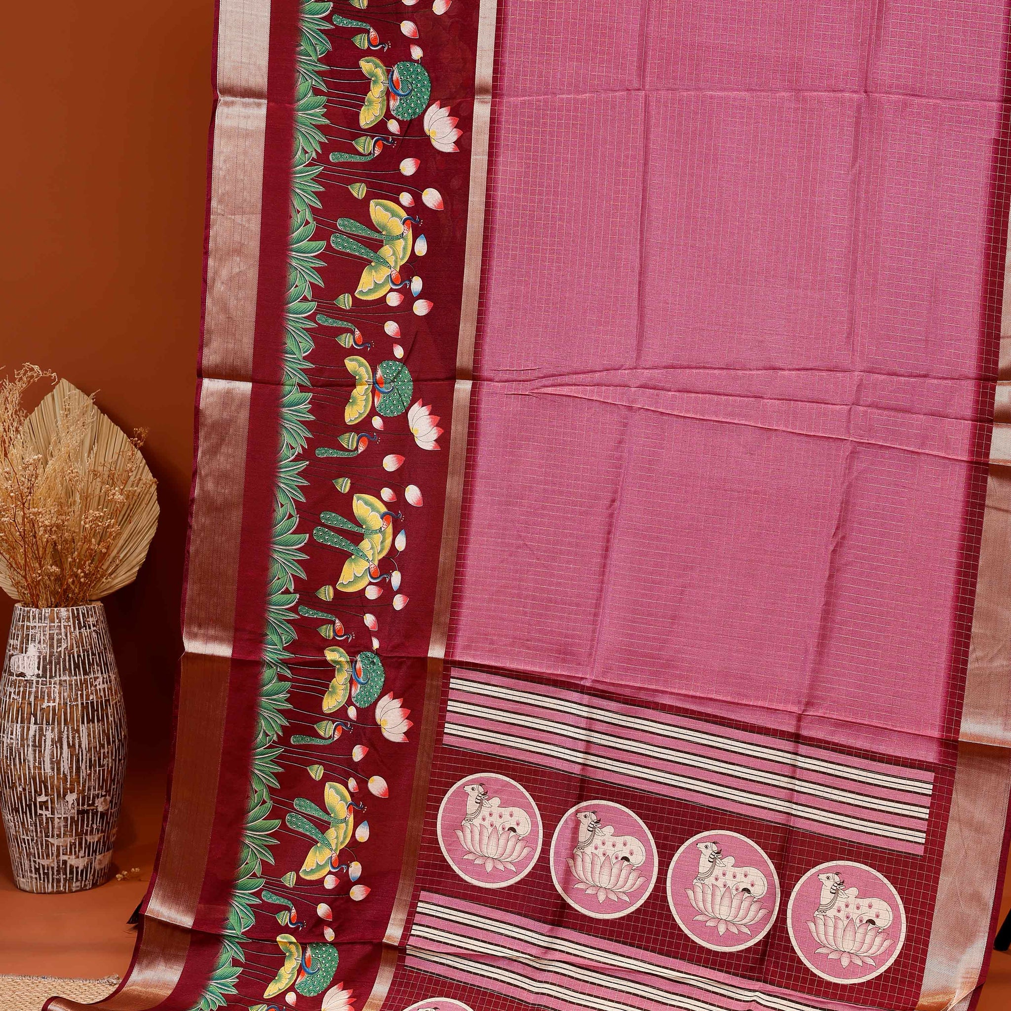 Handloom Kota Saree with Contrast Border and Traditional Motifs - Pink