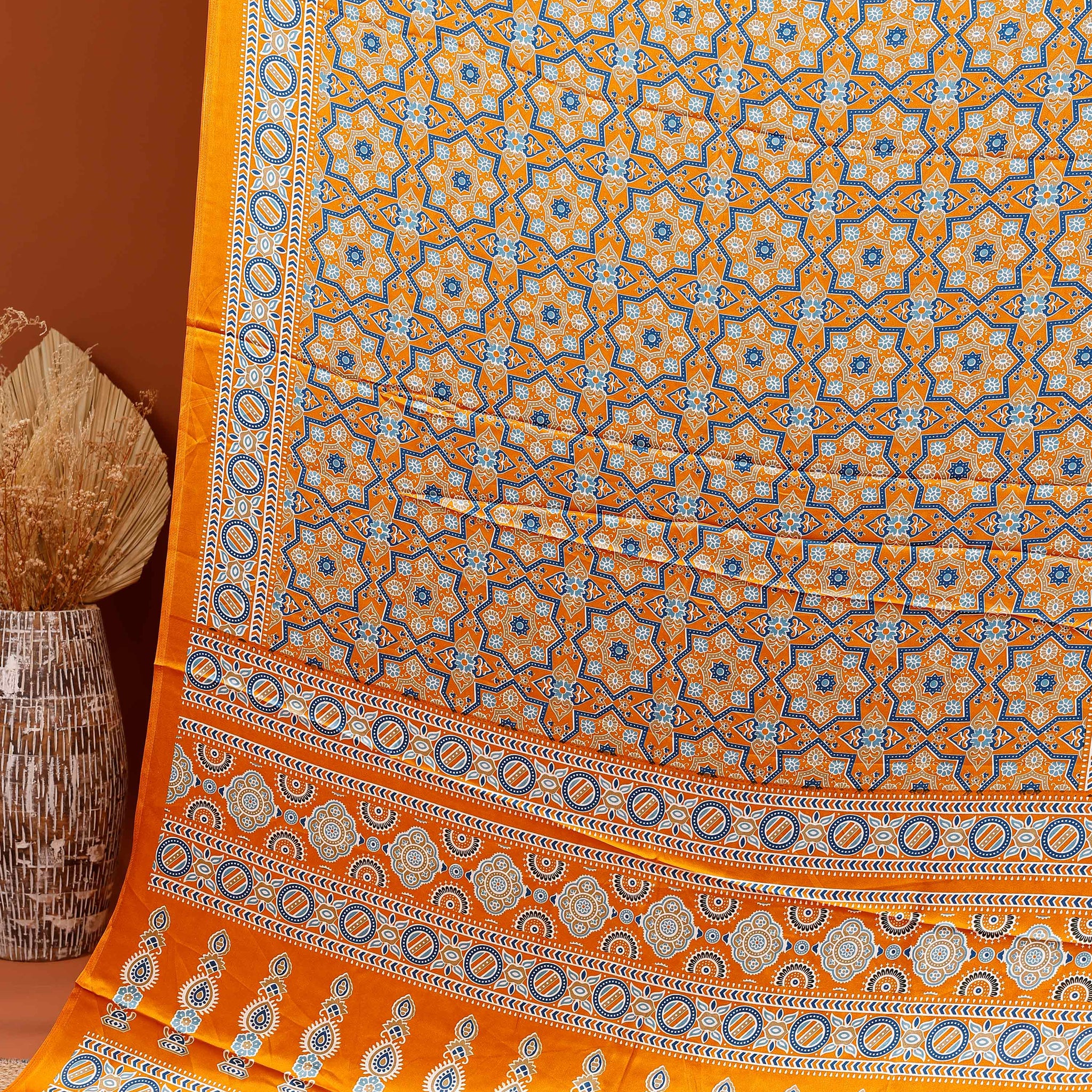 Exquisite Hand Block Printed Modal Satin Saree with Traditional Geometric Motifs - Yellow