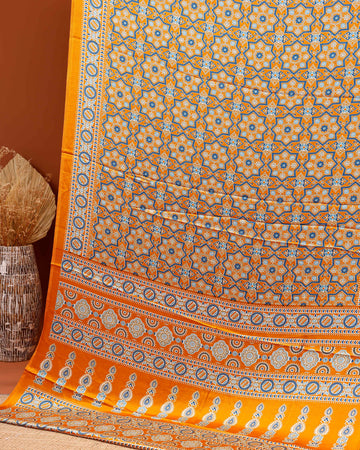 Exquisite Hand Block Printed Modal Satin Saree with Traditional Geometric Motifs - Yellow