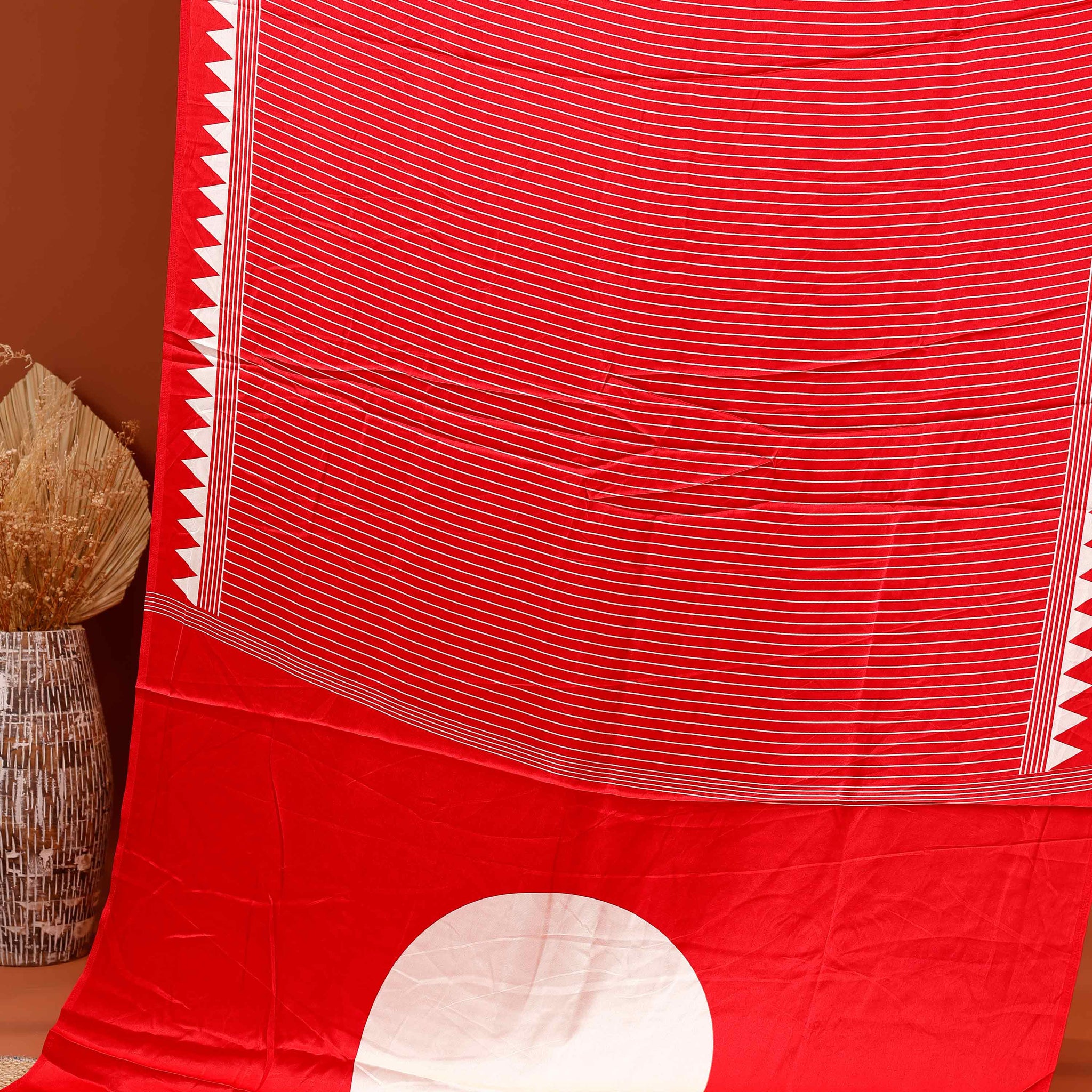 Elegant Modal Satin Saree with Vertical Stripe Weave and Distinctive Circular Pallu Design - Red