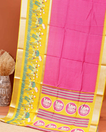 Handloom Kota Saree with Contrast Border and Traditional Motifs - Pink