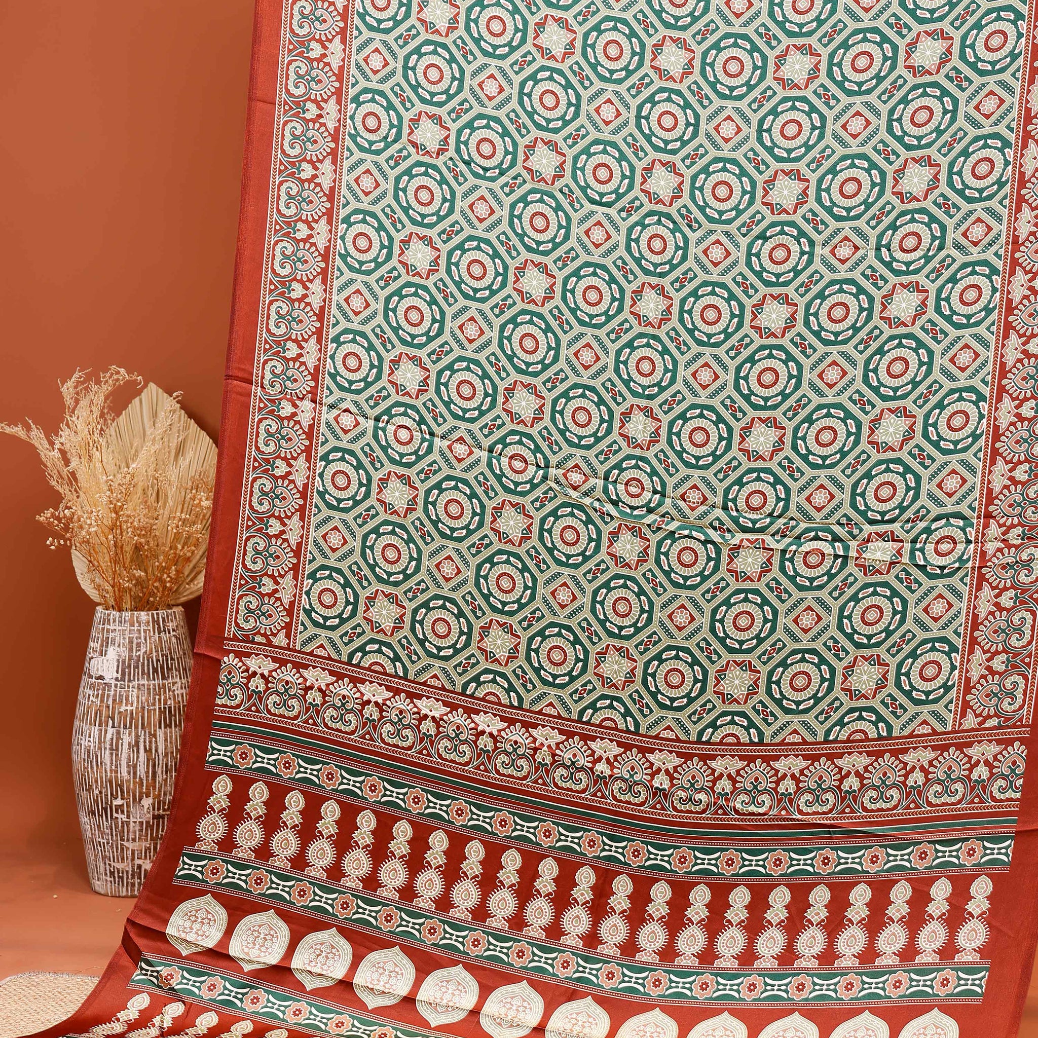 Elegant Modal Satin Saree with Intricate Geometric and Floral Print Design  - Green
