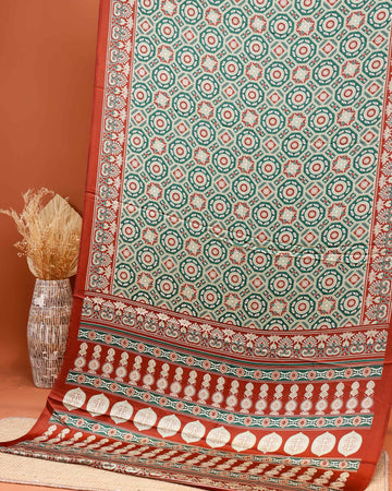Elegant Modal Satin Saree with Intricate Geometric and Floral Print Design  - Green