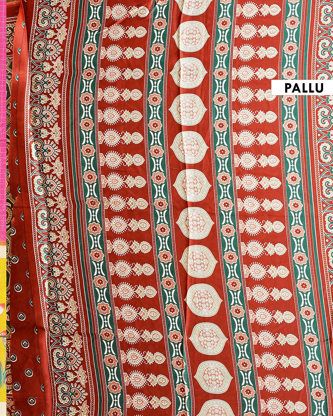 Elegant Modal Satin Saree with Intricate Geometric and Floral Print Design  - Green