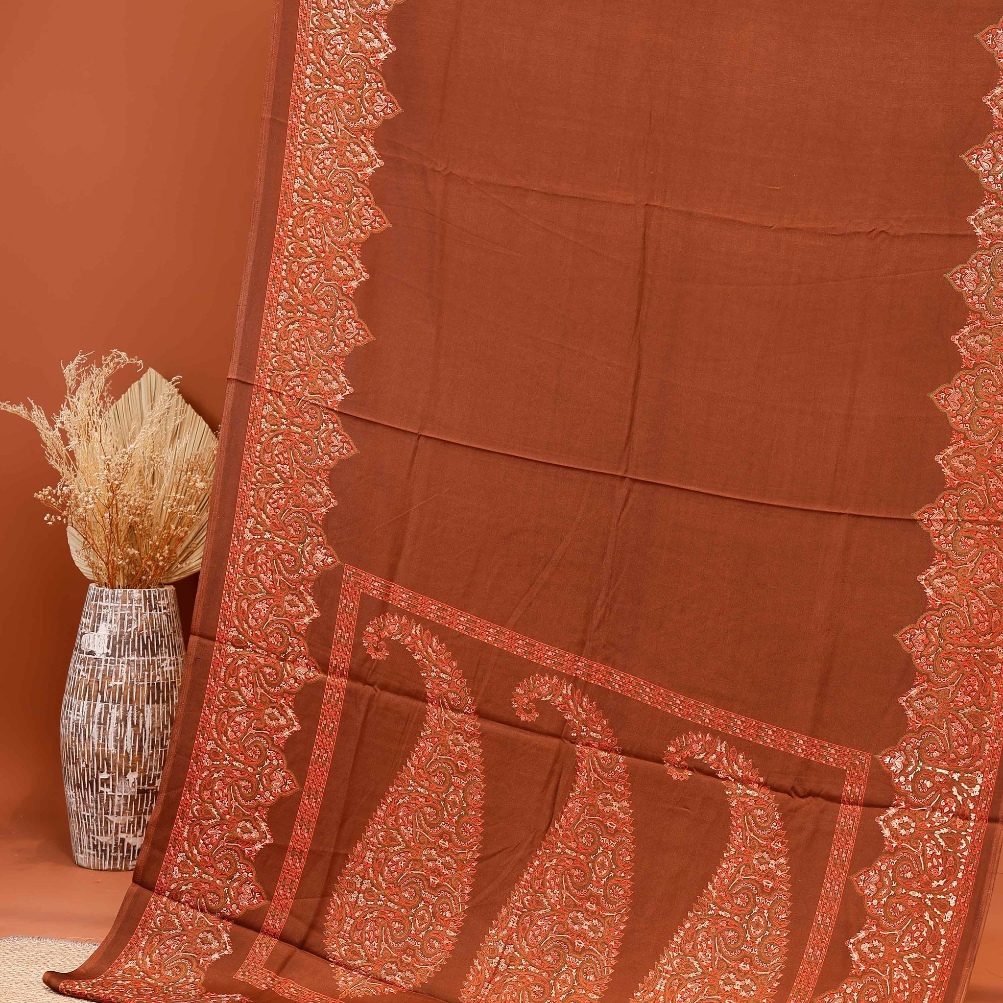 Exquisite Modal Satin Saree with Intricate Paisley Embroidery Border and Pallu - Brown