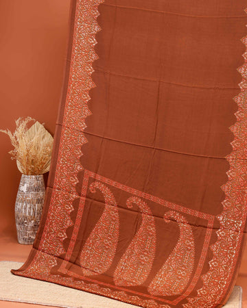Exquisite Modal Satin Saree with Intricate Paisley Embroidery Border and Pallu - Brown