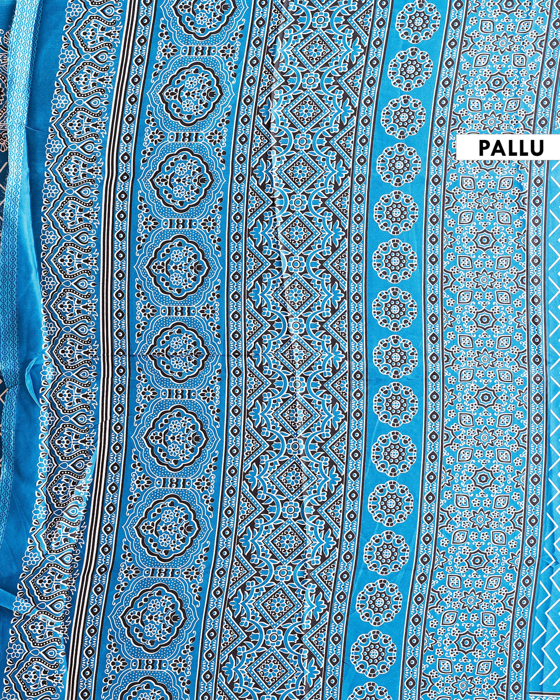 Elegant Modal Satin Saree with Intricate Chevron Body Print and Elaborate Floral & Paisley Border Design - Blue