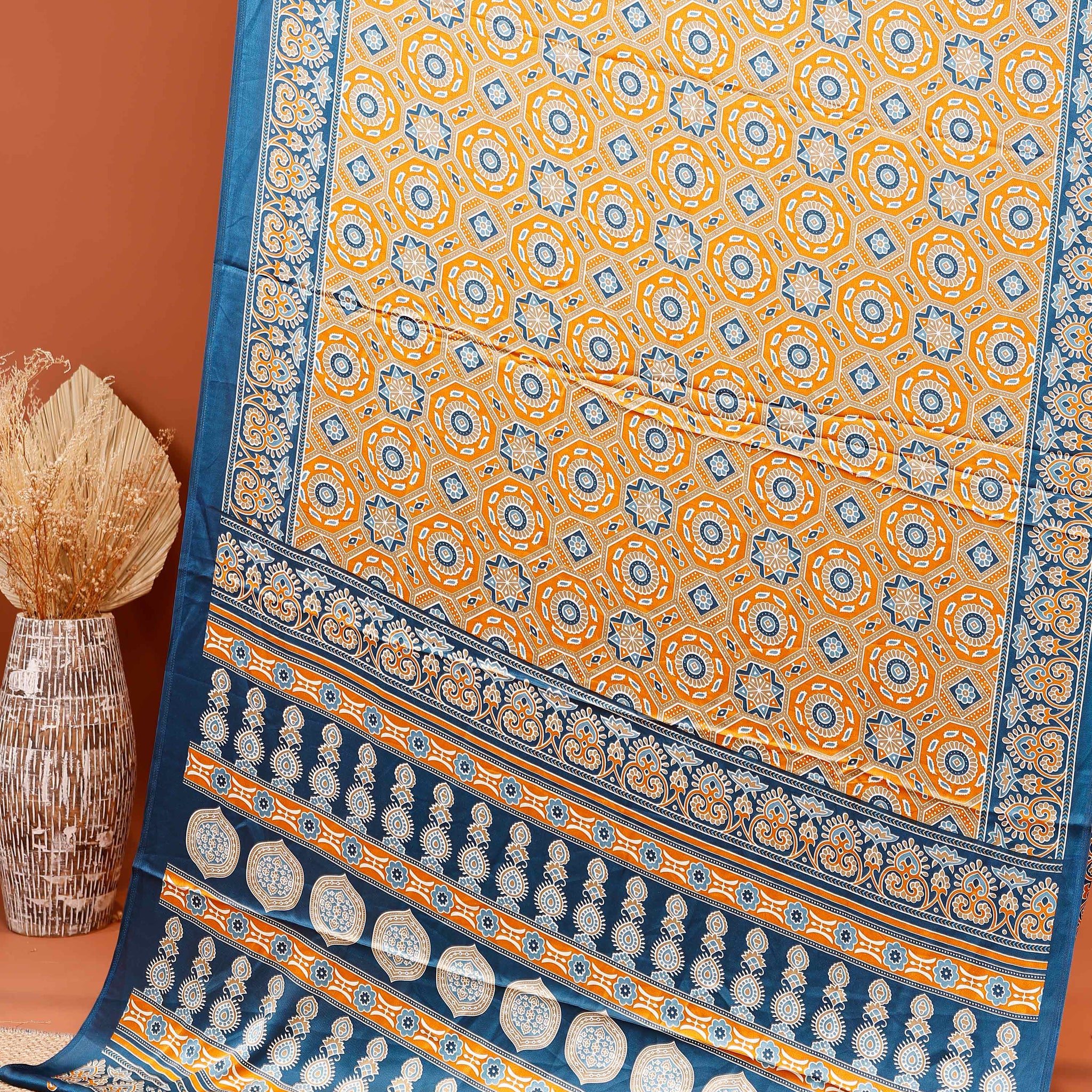 Exquisite Modal Satin Saree with Intricate Block Print and Traditional Coin Motifs - Yellow