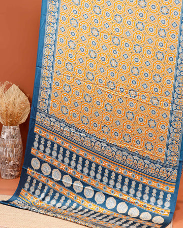 Exquisite Modal Satin Saree with Intricate Block Print and Traditional Coin Motifs - Yellow