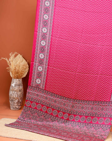 Stylish Modal Satin Saree with Zigzag Pattern and Intricate Ethnic Motifs and Traditional Border - Pink