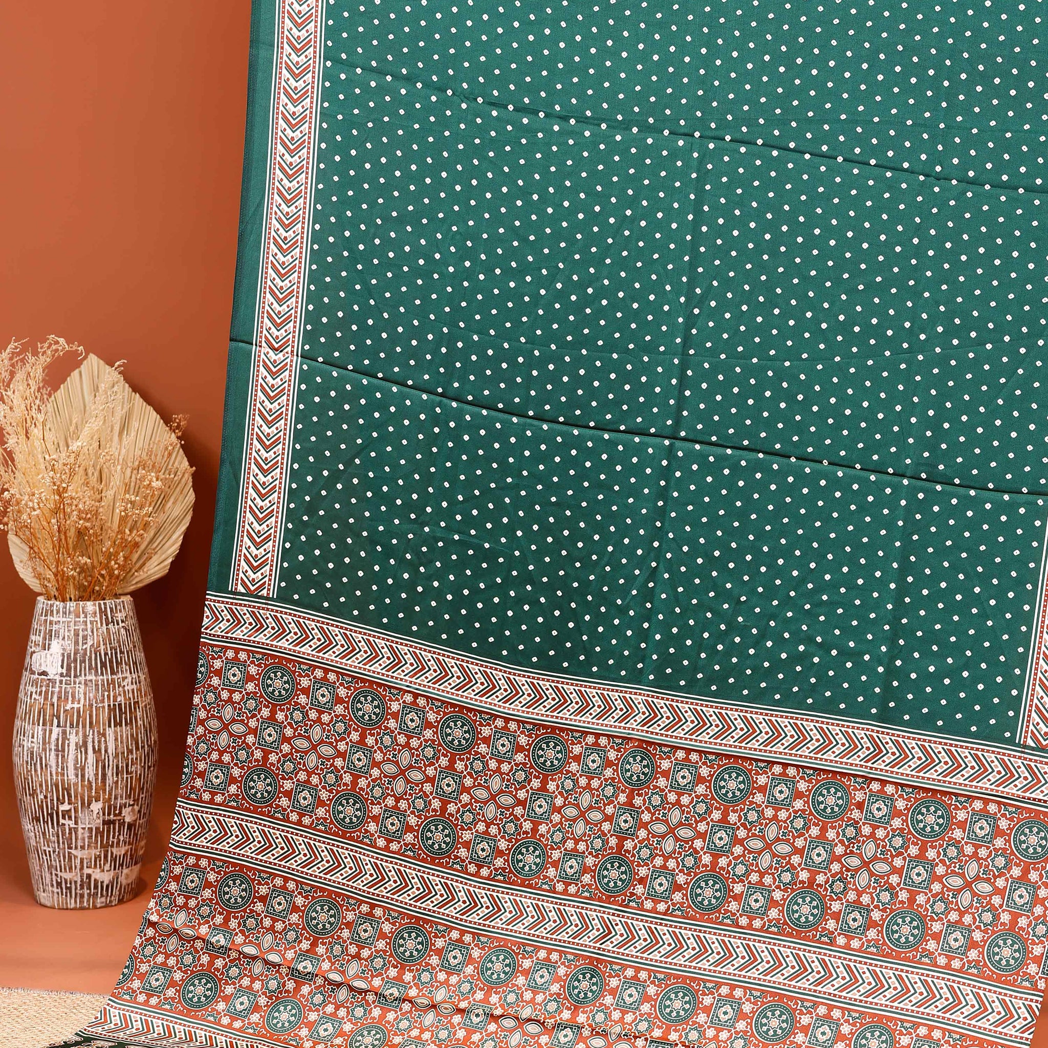 Elegant Polka Dot Modal Satin Saree with Intricate Border Design - Green