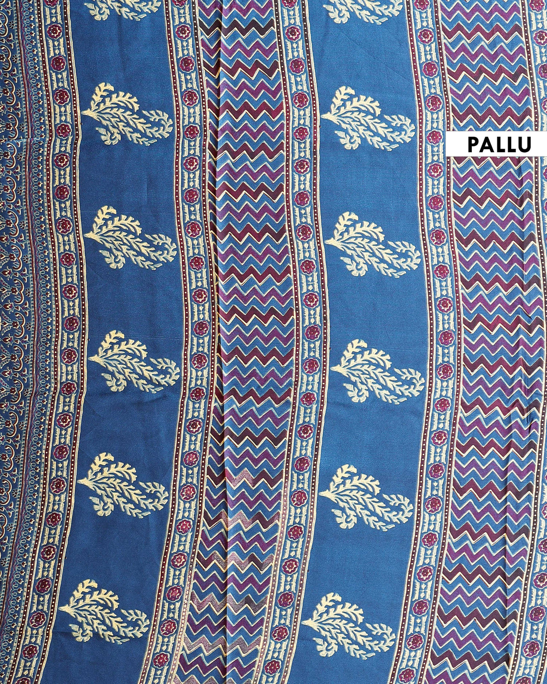 Hand Block Printed Modal Satin Saree with Traditional Motifs and Border  - Blue