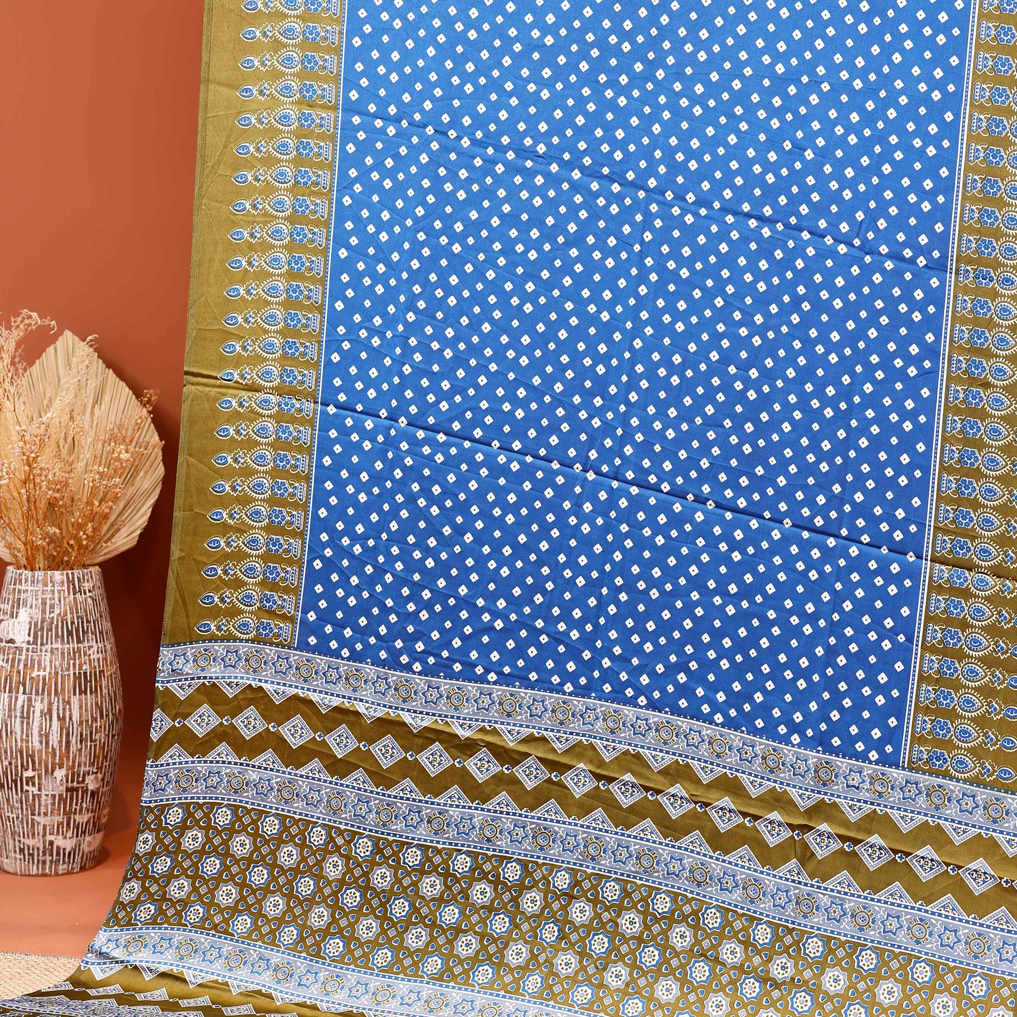Elegant Bandhani Print Modal Satin Saree with Intricate Geometric and Floral Border Design  - Blue