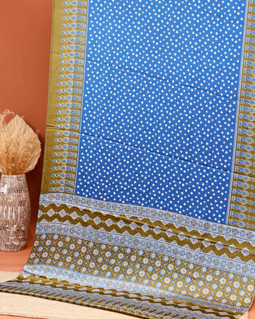 Elegant Bandhani Print Modal Satin Saree with Intricate Geometric and Floral Border Design  - Blue