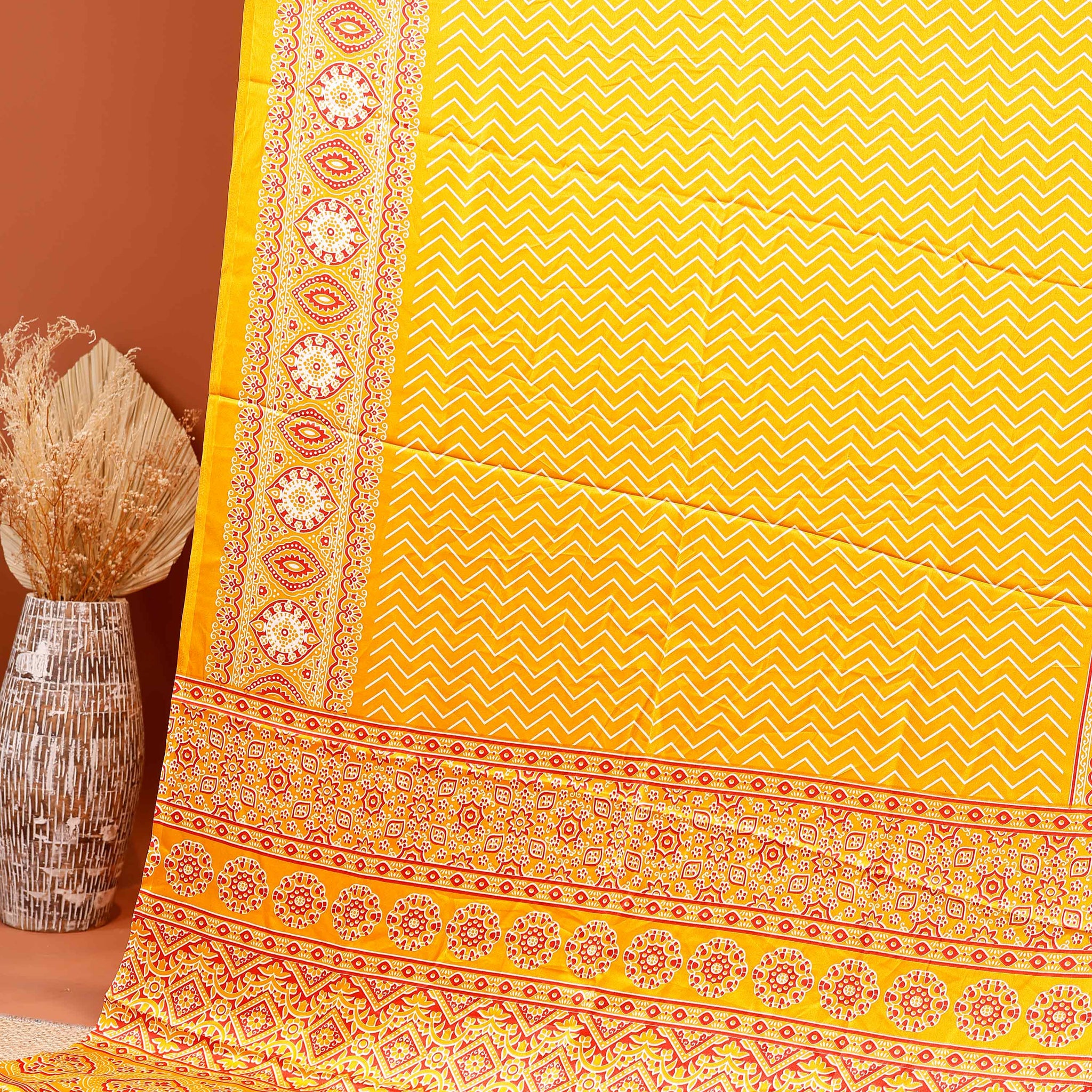 Elegant Printed Modal Satin Saree with Geometric and Floral Border Design - Yellow