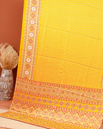 Elegant Printed Modal Satin Saree with Geometric and Floral Border Design - Yellow