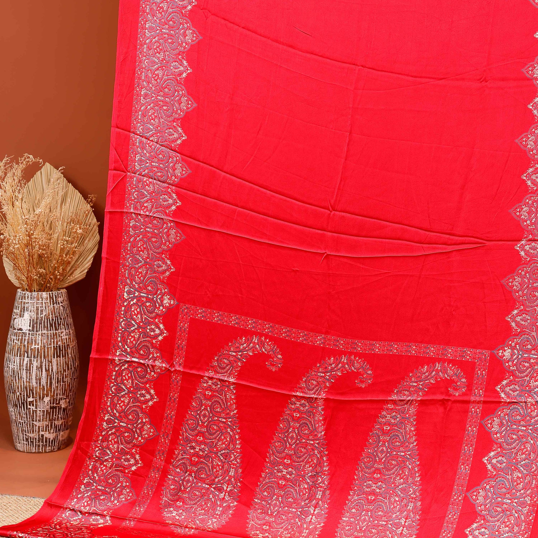 Exquisite Modal Satin Saree with Intricate Paisley Embroidery Border and Pallu - Red