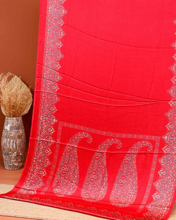 Exquisite Modal Satin Saree with Intricate Paisley Embroidery Border and Pallu - Red