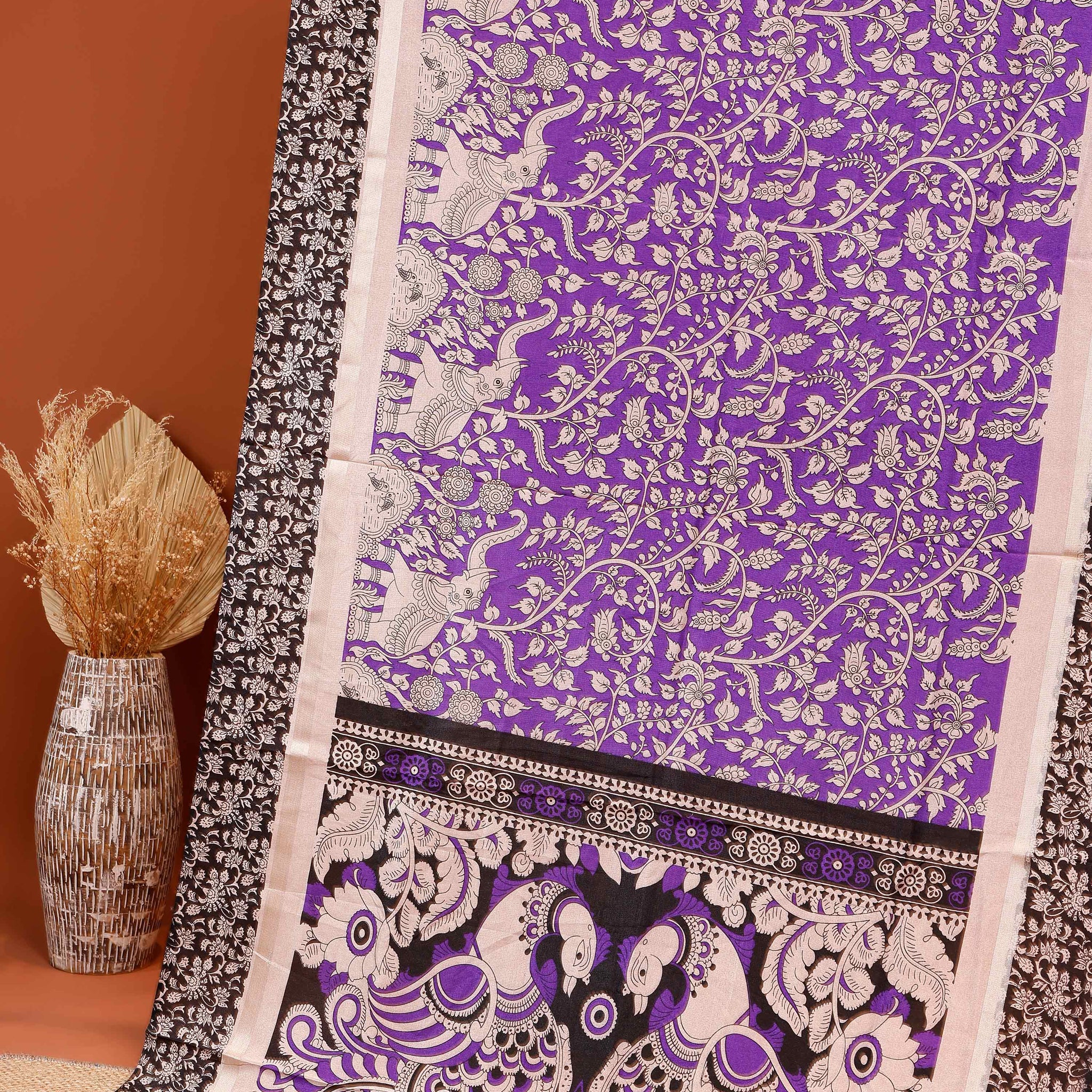 Exquisite Kalamkari Printed  Saree with Intricate Handcrafted Floral and Elephant Motifs - Purple