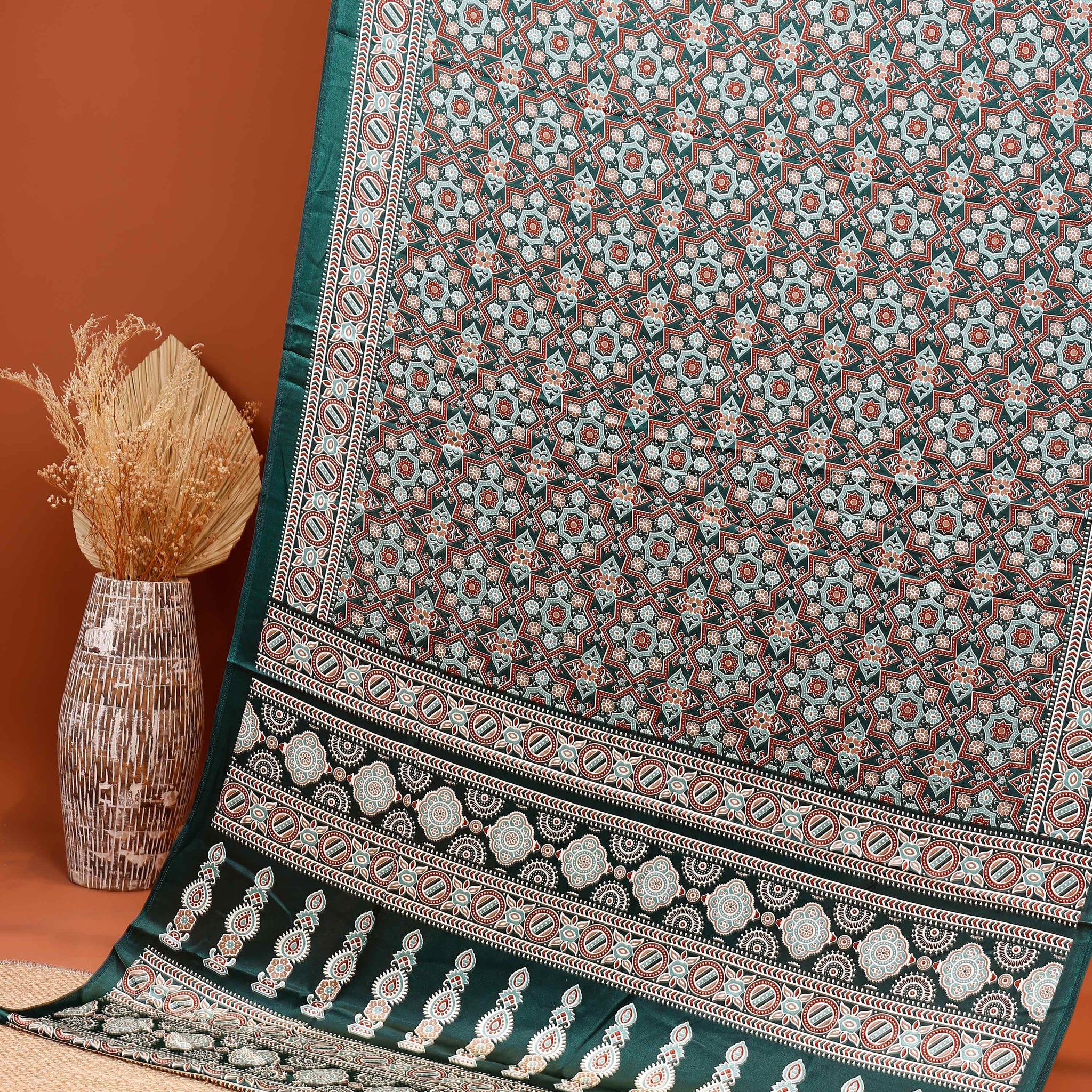 Exquisite Modal Satin Saree with Intricate Geometric and Floral Hand Block Print and Zari Woven Border - Green