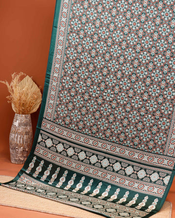 Exquisite Modal Satin Saree with Intricate Geometric and Floral Hand Block Print and Zari Woven Border - Green