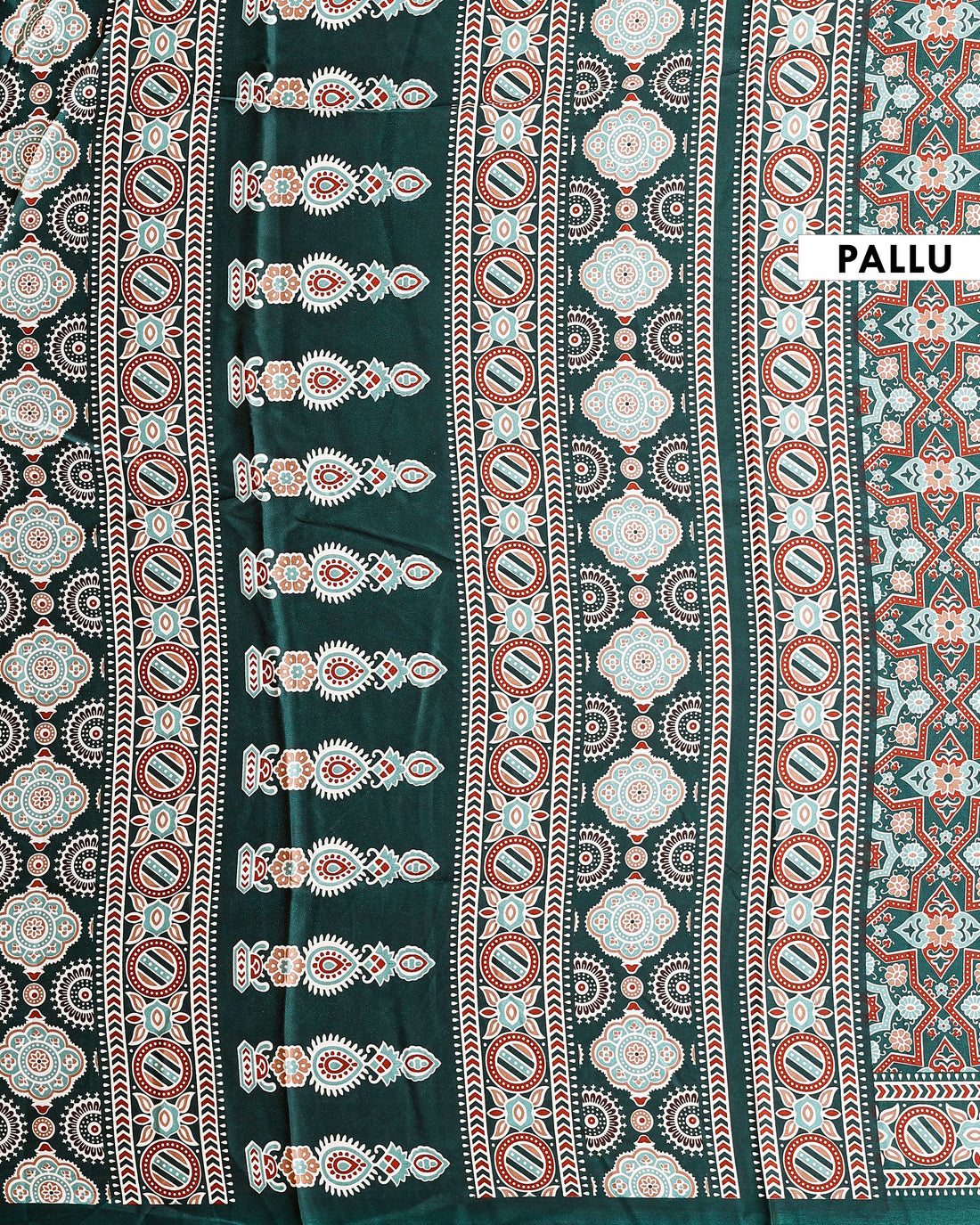 Exquisite Modal Satin Saree with Intricate Geometric and Floral Hand Block Print and Zari Woven Border - Green