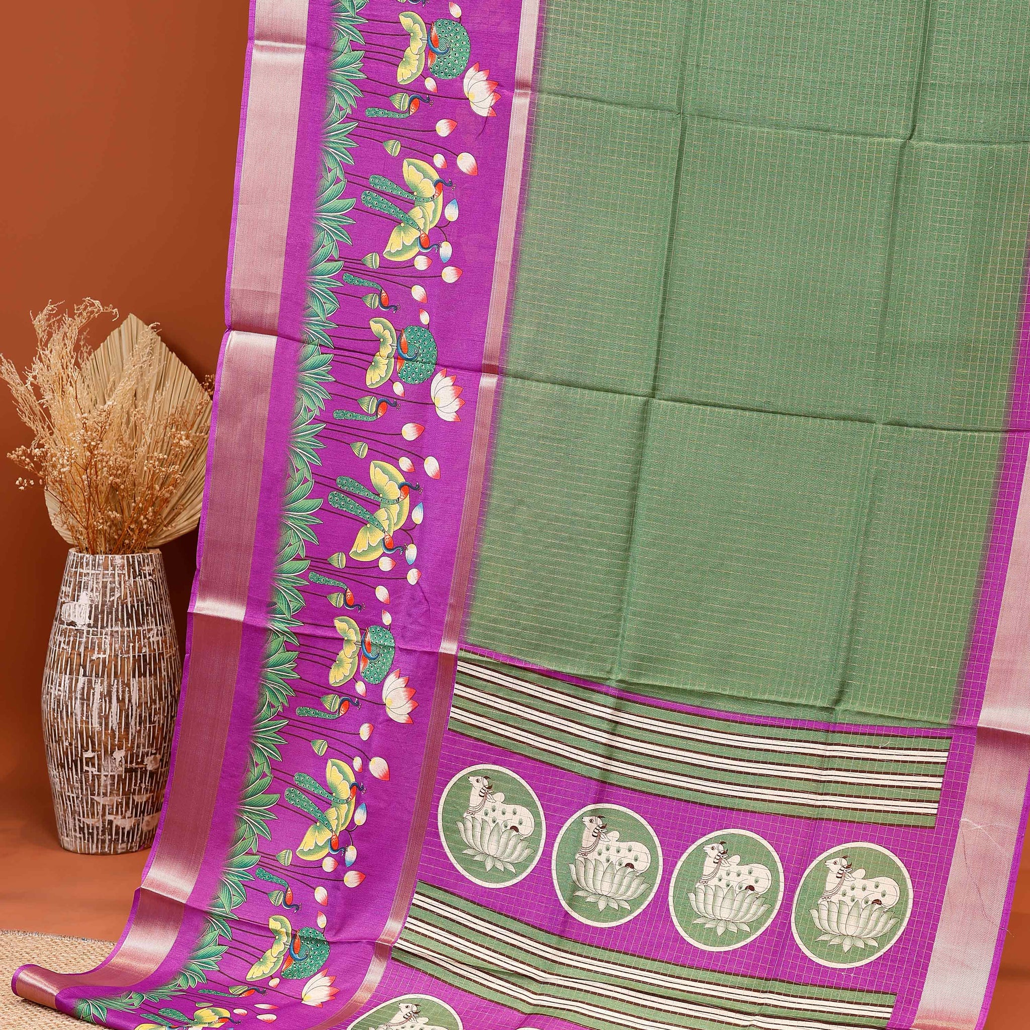 Traditional Kota Saree with Subtle Checked Elegant Lotus and Peacock Motifs - Green