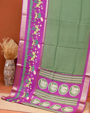 Traditional Kota Saree with Subtle Checked Elegant Lotus and Peacock Motifs - Green
