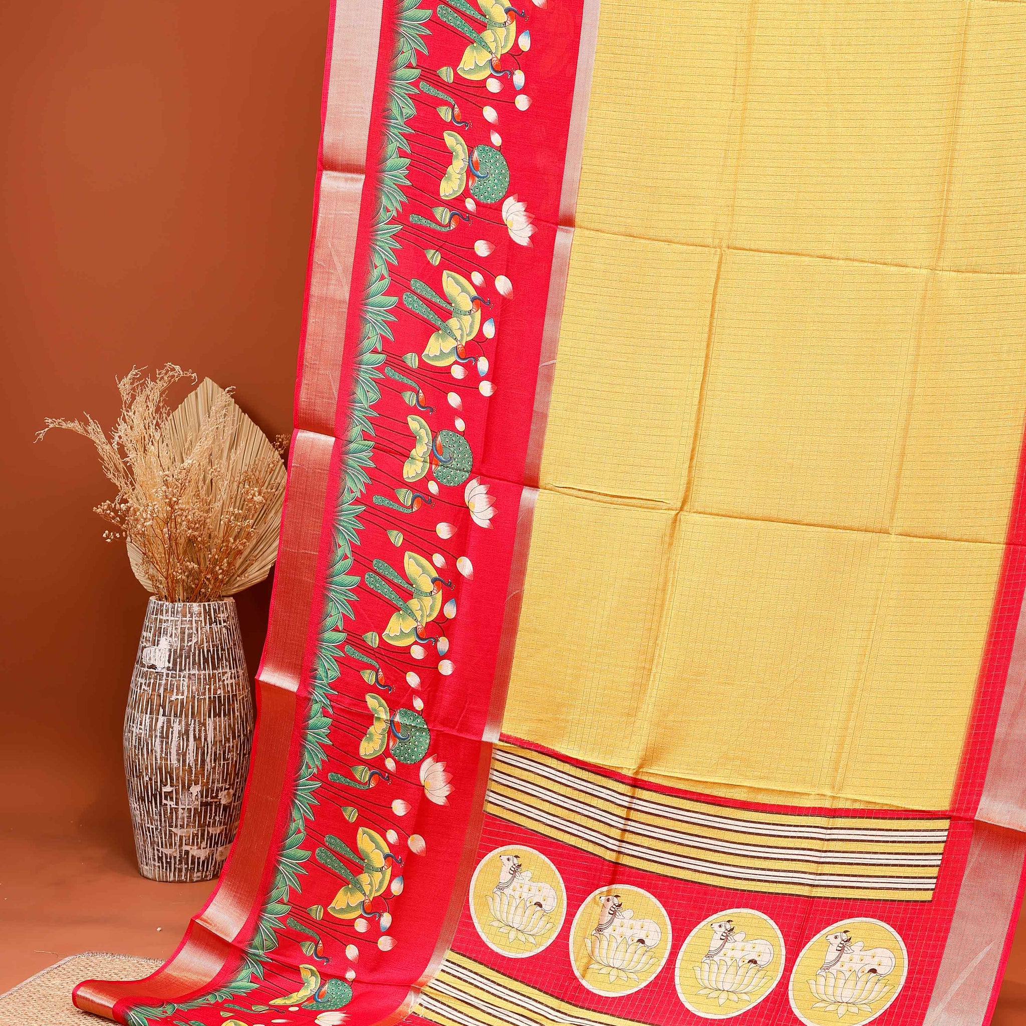 Traditional Kota Saree with Subtle Checked Elegant Lotus and Peacock Motifs - Yellow