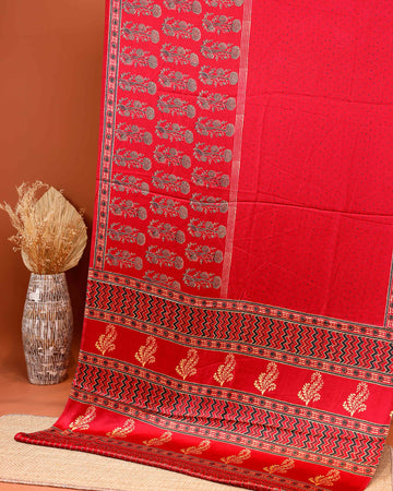 Exquisite Ajrakh Hand-Block Printed Modal Satin Saree with Intricate Border Design - Red