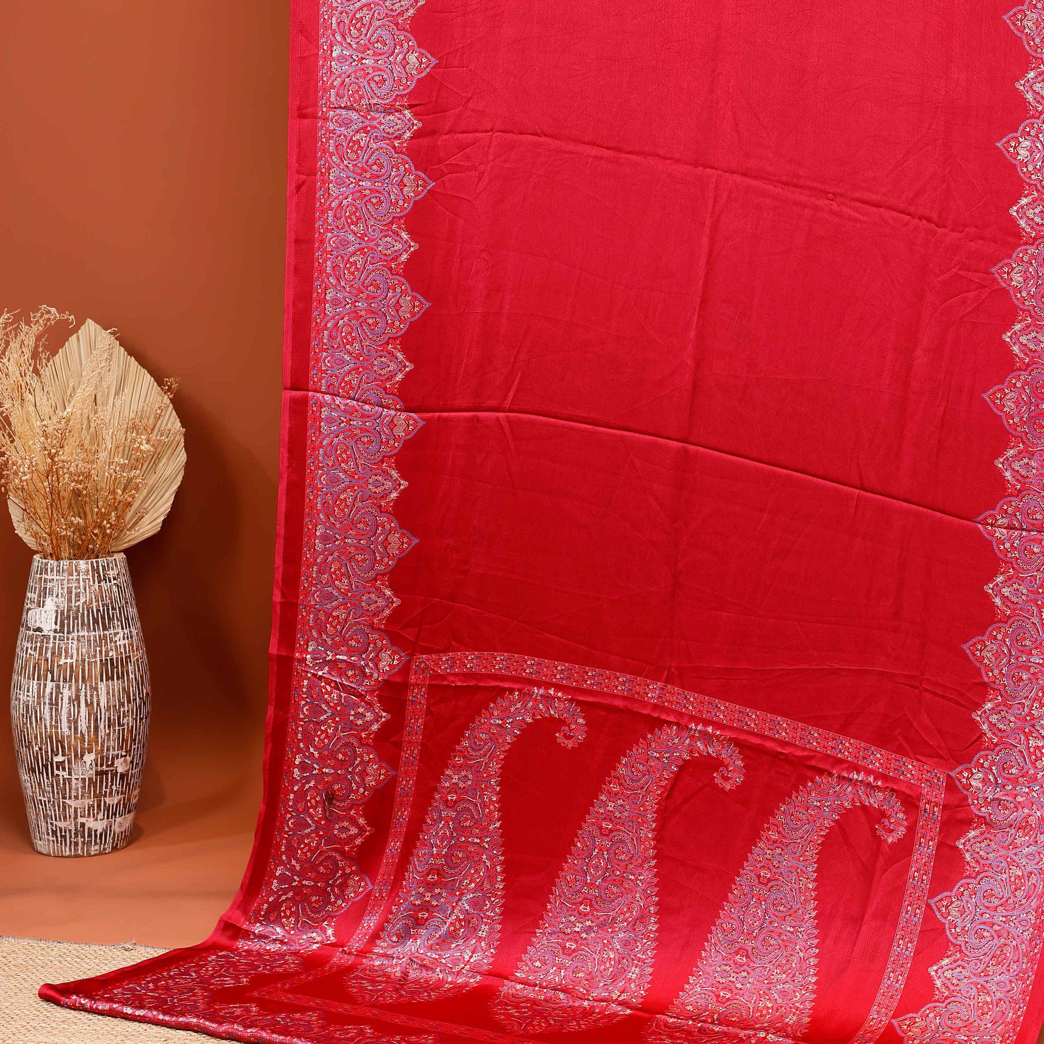 Exquisite Modal Satin Saree with Intricate Paisley Embroidery Border and Pallu - Red