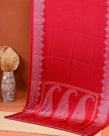 Exquisite Modal Satin Saree with Intricate Paisley Embroidery Border and Pallu - Red