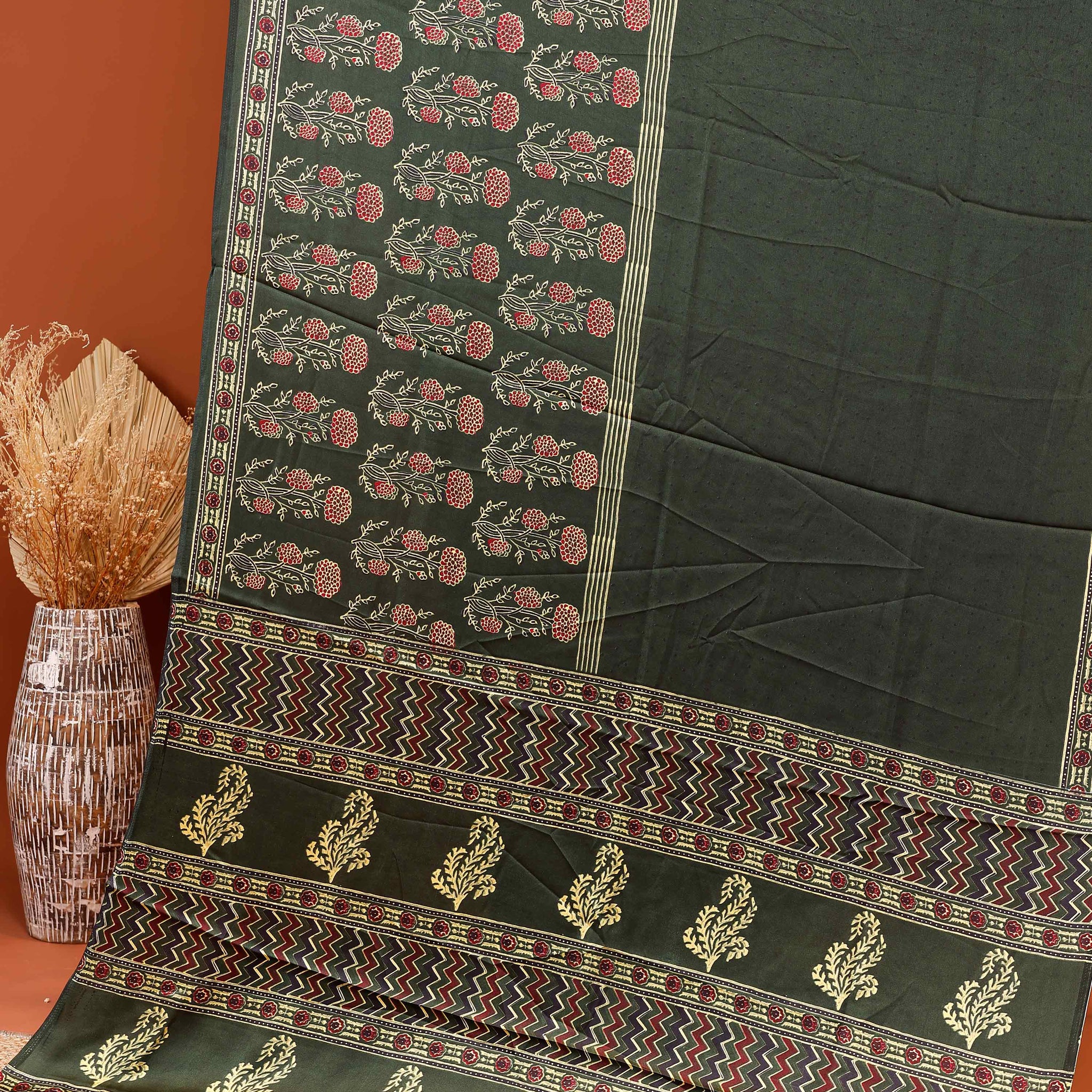 Exquisite Ajrakh Hand-Block Printed Modal Satin Saree with Intricate Border Design - Green