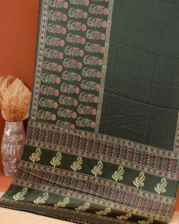 Exquisite Ajrakh Hand-Block Printed Modal Satin Saree with Intricate Border Design - Green